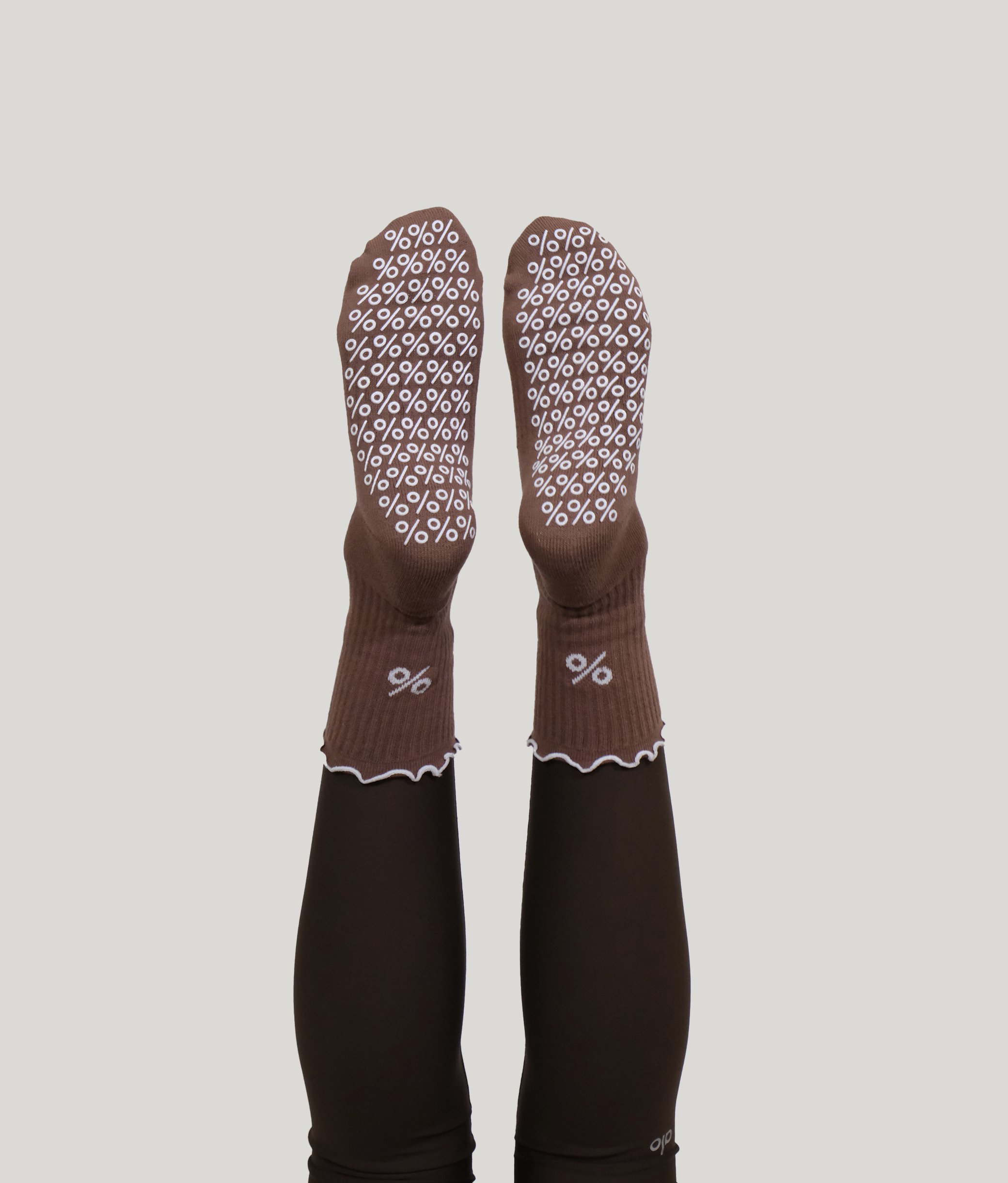 Frill Top Pilates Grip Socks - Brown