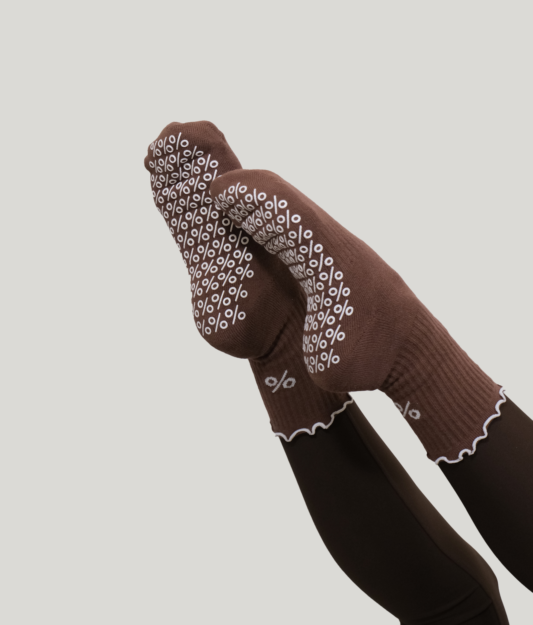 Frill Top Pilates Grip Socks - Brown